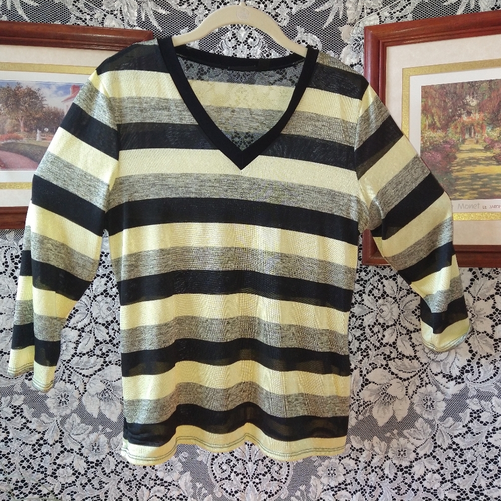 Citiknits green black grey striped shirt thin stretchy v neck 3/4 length sleeves
